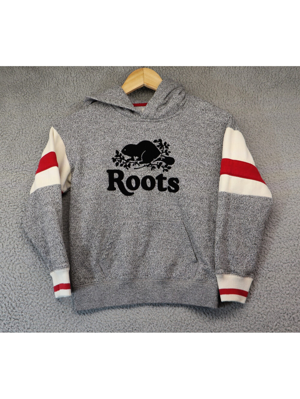 Roots Cabin Kids Hoodie Medium Gray Fleece Logo Sweatshirt